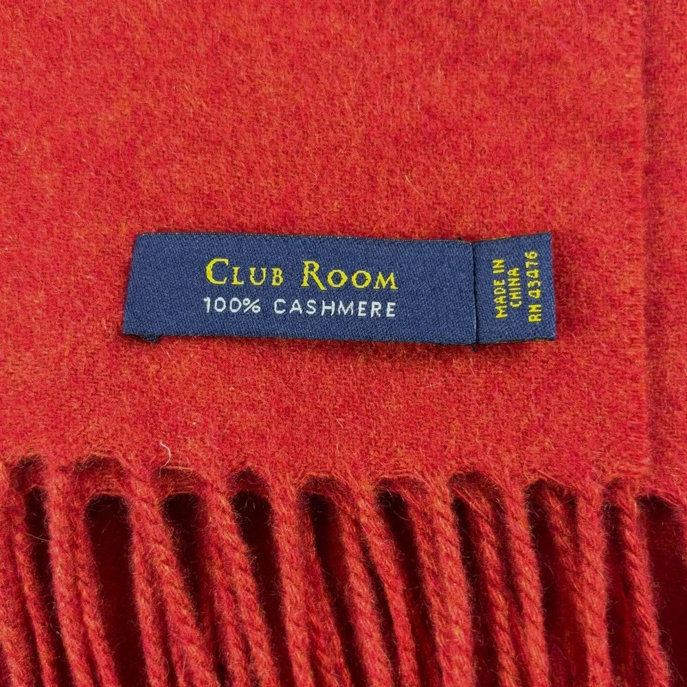 Club Room‎ Scarf Mens OS Red 100% Cashmere Fringe Solid Fall Winter Luxury Cozy